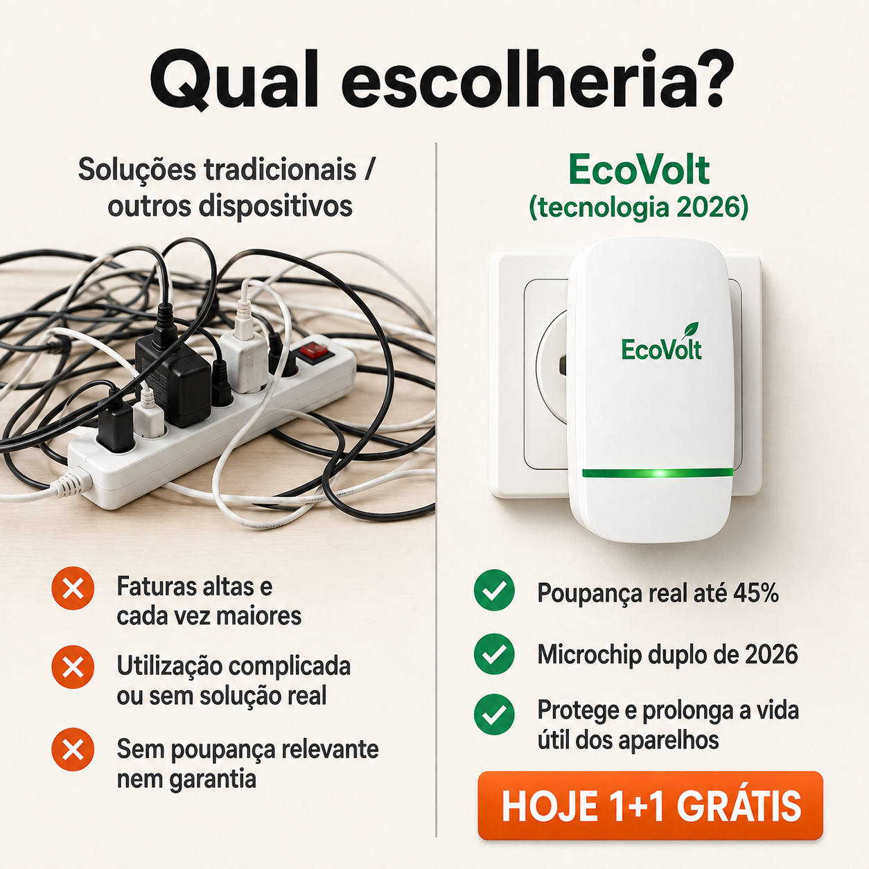 HOJE 1+1 GRÁTIS | EcoVolt™ Poupe na fatura da luz desde o primeiro dia e diga adeus à tensão residual.
