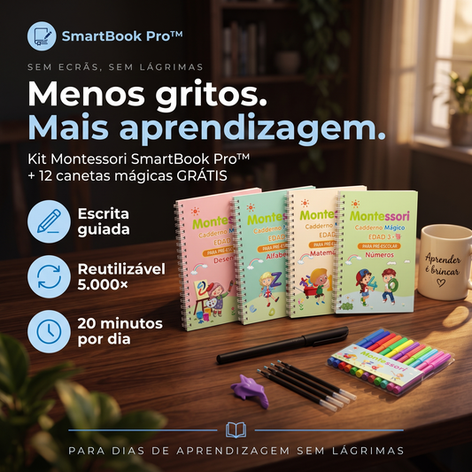 HOJE COM 12 CANETAS MÁGICAS GRÁTIS - SmartBook Pro™ Kit Montessori de Cadernos Mágicos Reutilizáveis para Crianças — Sem Ecrãs + (12 Canetas Mágicas Coloridas Valor 15 € GRÁTIS)