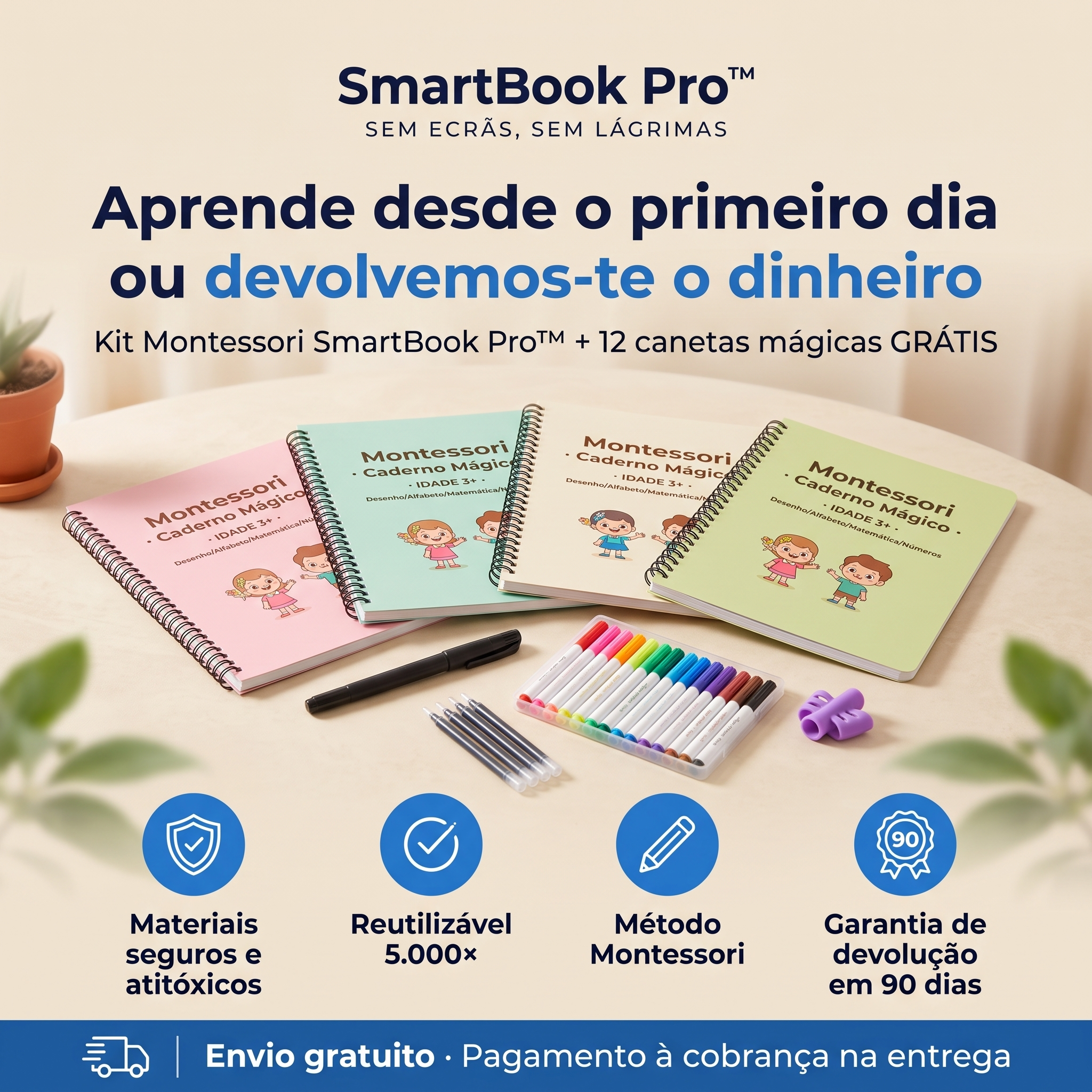 HOJE COM 12 CANETAS MÁGICAS GRÁTIS - SmartBook Pro™ Kit Montessori de Cadernos Mágicos Reutilizáveis para Crianças — Sem Ecrãs + (12 Canetas Mágicas Coloridas Valor 15 € GRÁTIS)